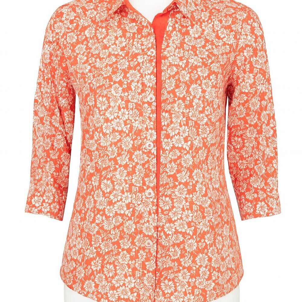 Alfred Dunner Orange White Floral Button Down Blouse Size 14 3/4 Sleeve